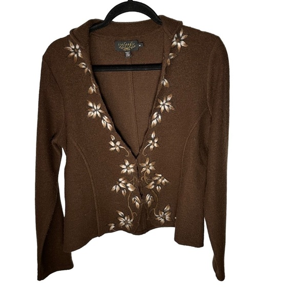 Icelandic Designs Boiled Wool Brown Floral Cardigan Size Medium - Picture 1 of 10